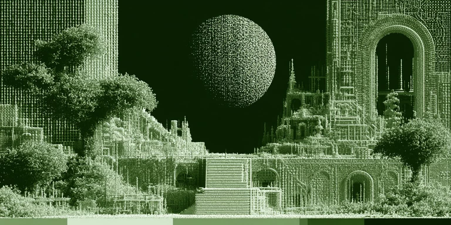 A vast luminous city assembled from streams of green data